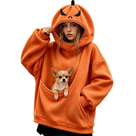 YAYUBA Halloween Pumpkin Pet Carrier Hoodie, Jack-o-Lantern Hat Pullover with Kangaroo Pocket for Small Dog Cat