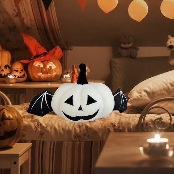 Halloween Pumpkin Pillow with Bat Wings, White Ghost Shaped Spooky Plush Pillows for Holiday Party Home, Decor for Living Room Bedroom, 18x7 Inch,White