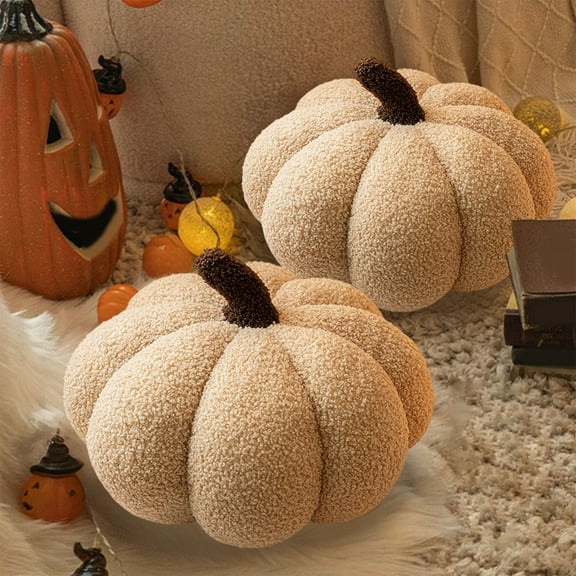 Halloween Pumpkin Pillow Decor, 13.8" Pumpkin Plush Floor Pillow, Fluffy Plush 3D Pumpkin Shaped Decoration Fall Thanksgiving Cushion Pillow Soft Cute Throw for Sofa Couch Supplies (Khaki)