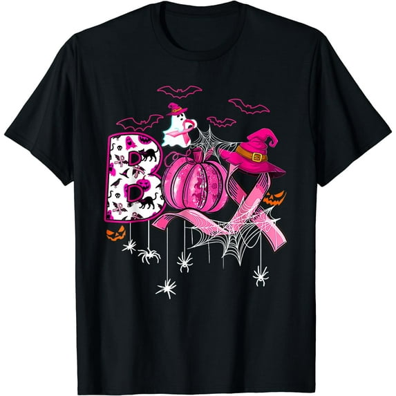 Halloween Pumpkin Pink Ribbon Witch Breast Cancer T-Shirt Black Medium
