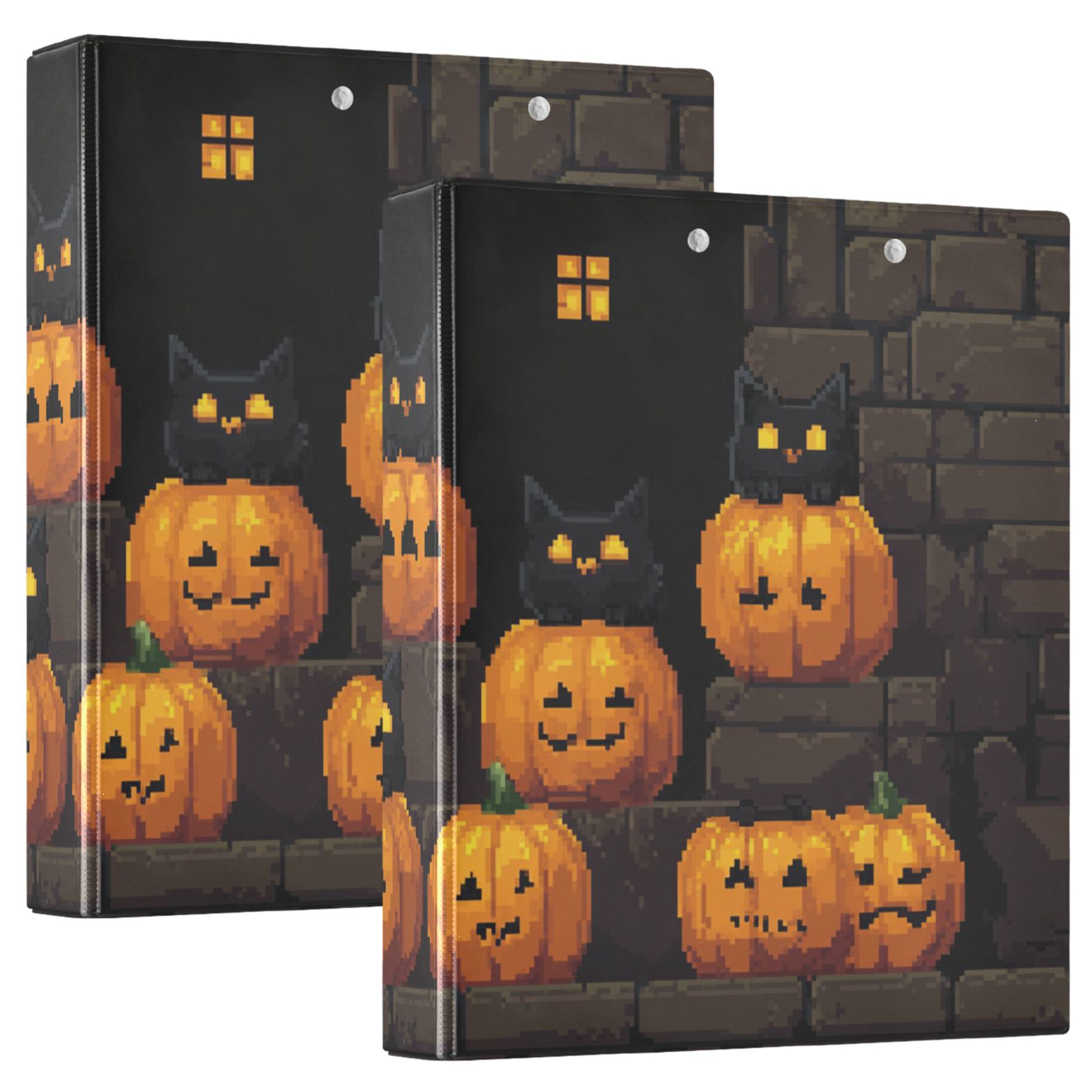 Halloween Pumpkin Pixel 3 Ring Binders 1.5 inch Hardcover File Folders with Interior Pockets A4 Size Organizer for School Office Hospital