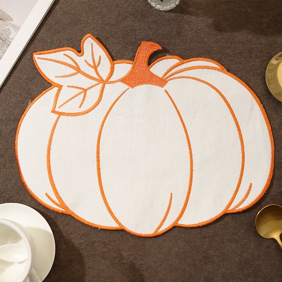 Halloween Pumpkin Placemat Set of 1,Embroidered Fall Table Mat,Heat Resistant Kitchen Dining Place Mats,Waterproof Washable Linen Fabric,14.9x11 Inches,Orange Green Beige