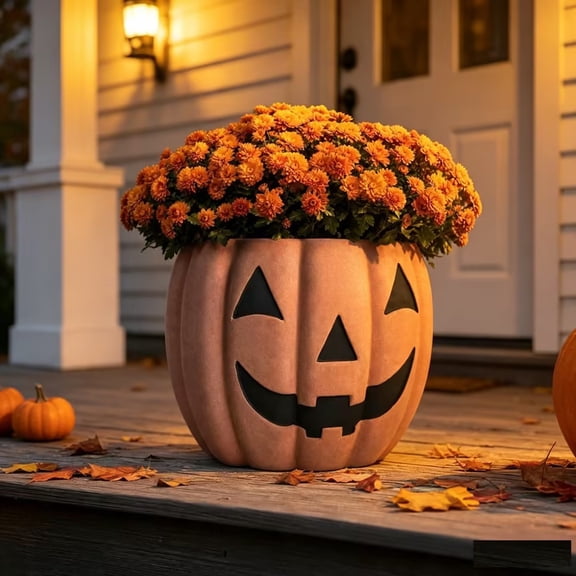 Halloween Pumpkin Planter Pot, Orange Spooky Pumpkin Cutout Flower Pot, Pumpkin Shaped Decorative Clay Planter, Indoor Outdoor Container for Fall Harvest Home Garden Decor