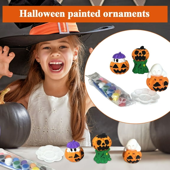 Halloween Pumpkin Plaster Painting Set - DIY Pumpkin Decorations with 3 Adorable Bases & 12 Watercolors, Perfect for Halloween Ornaments & Gifts