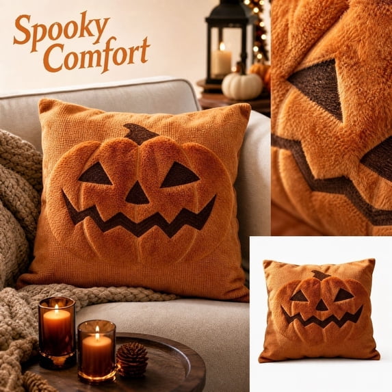 Halloween Pumpkin Plush Pillow Cover, 18x18 Inch 3D Smiled Face Relief Cushion Case, Soft Cozy Holiday Decor for Sofa brown