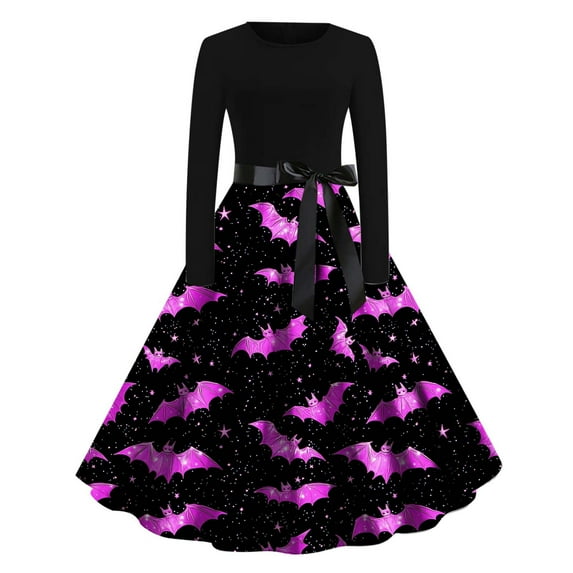 Halloween Pumpkin Print Dress for Women Vintage Full Skirt Casual Fall Dress Gothic Spooky Holiday Costume