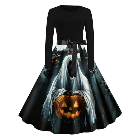 Halloween Pumpkin Print Dress for Women Vintage Full Skirt Casual Fall Dress Gothic Spooky Holiday Costume