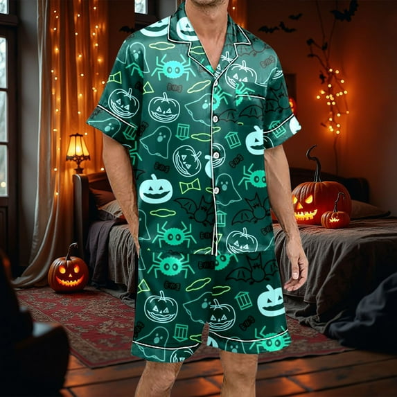 Halloween Pumpkin Print Short Sleeve Shirts And Shorts PantsCozy Sleepwear PajamasComfortable Button Full Print Casual Shirt for Mens,#21 S