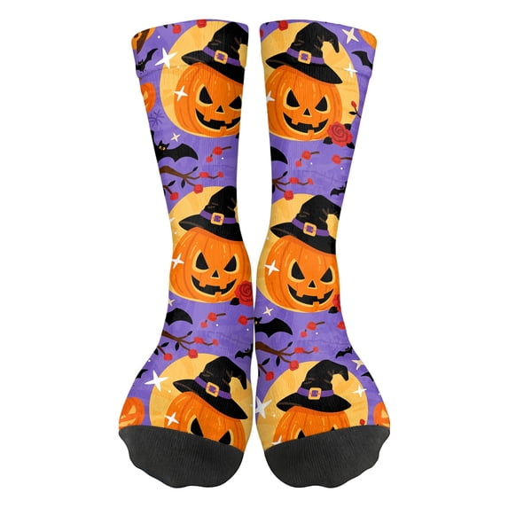 Halloween Pumpkin Print Socks for Women Men, Purple Novelty Mid-Calf Crew Socks with Witch Hat Design, Breathable Comfortable Funny Holiday Party Gifts