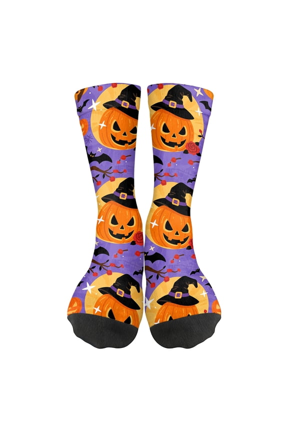 Halloween Pumpkin Print Socks for Women Men, Purple Novelty Mid-Calf Crew Socks with Witch Hat Design, Breathable Comfortable Funny Holiday Party Gifts