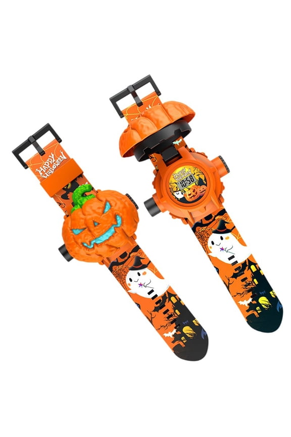 Halloween Pumpkin Projection Watch, Digital Wrist Watch with 24 Spooky Images & Flip Cover, Halloween Gift for Family
