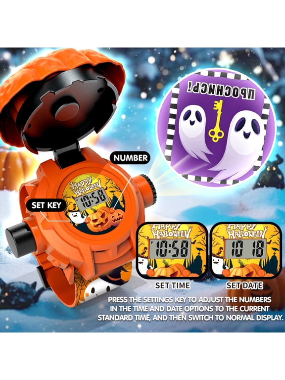 Halloween Pumpkin Projection Watch Digital Wristwatch With Spooky Holiday Image Projector And Adjustable Strap For Costume Party Gift