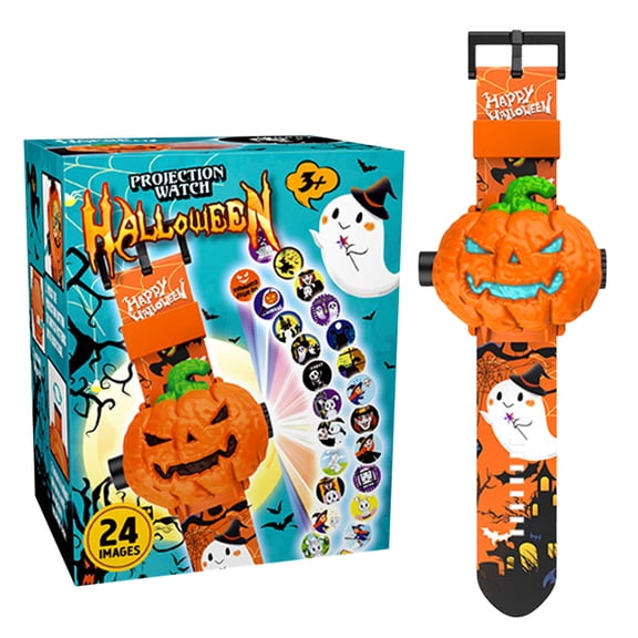 Halloween Pumpkin Projection Watch Early Education And Intelligence Luminous Toy Children's Watch Toy Digital Watch For Children With 24 Anime Gift Halloween Clock For Children