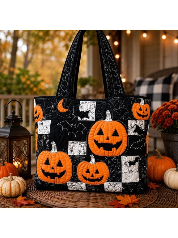 Halloween Pumpkin Quilted Tote Bag, Jack O Lantern Patchwork Purse, Spooky Black Orange Shoulder Bag, Fall Market Tote Gift