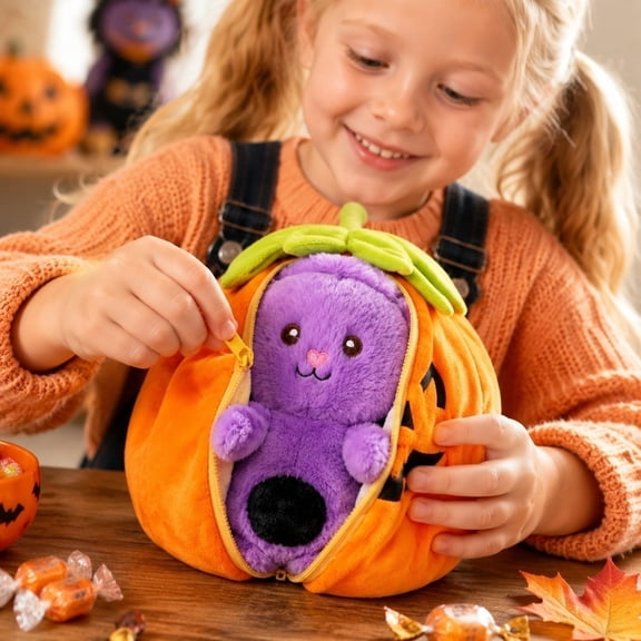 Halloween Pumpkin Rabbit Plush Toy with Zipper Design, Soft Stuffed Doll Gift for Home Decoration