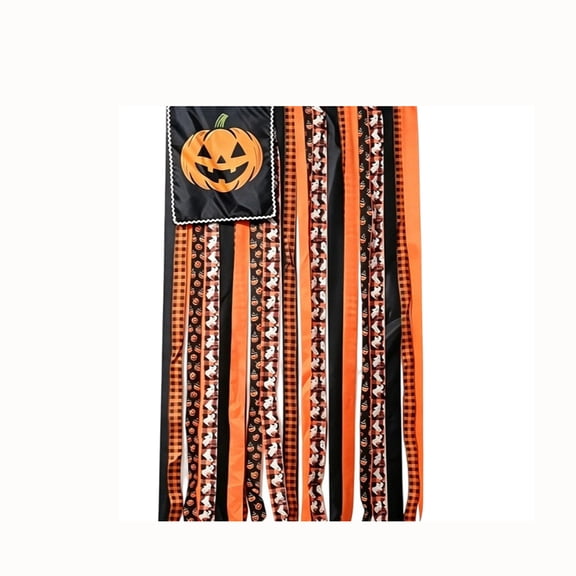 Halloween Pumpkin Ribbon Streamer Door Hanging Banner, Black Orange Ghost Pumpkin Pattern Ribbon Tassel Wind Chime Decor for Front Door Porch Wall
