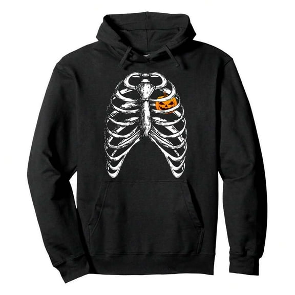 Halloween Pumpkin And Ribs Skeleton Costume For Men & Women Pullover HoodieMen's Halloween Thanksgiving Print Hooded Sweatshirt, Thick Cotton Blend, Cool Weather Casual Wear