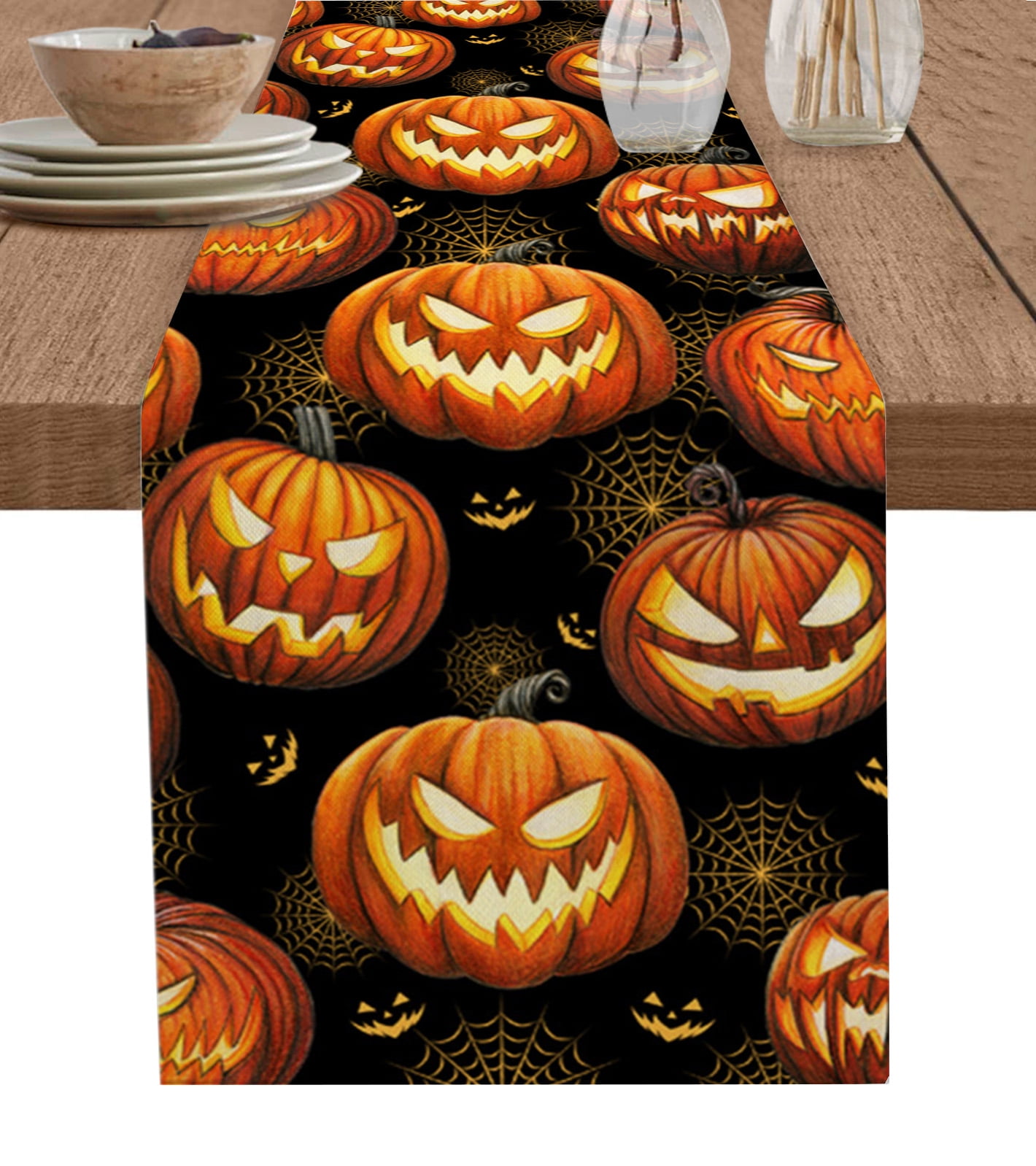 Runner Da Tavola Per Halloween In Cotone E Lino - Decorazione Con Fantasmi, Zucca E Ragni - Atmosfera Paurosa Per La Tavola - 2