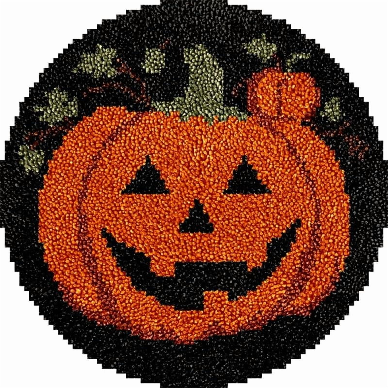Halloween Pumpkin Round Shape Latch Hook Rug Kits Set for Starter Crochet Hook Cushion Mat Sofa Seat Cushion Crocheting Kits with Preprinted Canvas Crochet Yarn Kits 50X50cm (ui115)