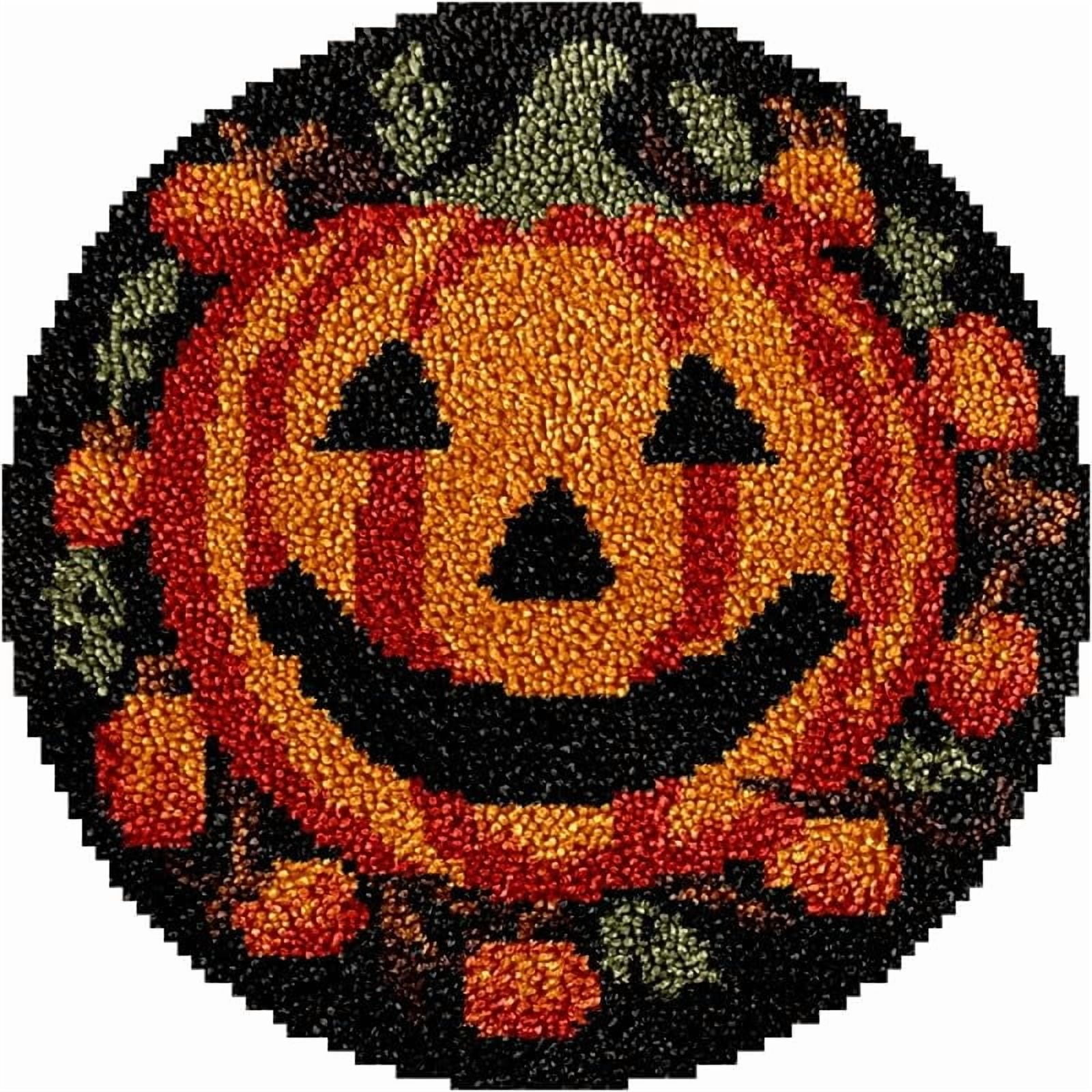 Halloween Pumpkin Round Shape Latch Hook Rug Kits Set for Starter Crochet Hook Cushion Mat Sofa Seat Cushion Crocheting Kits with Preprinted Canvas Crochet Yarn Kits 50X50cm (ui143)