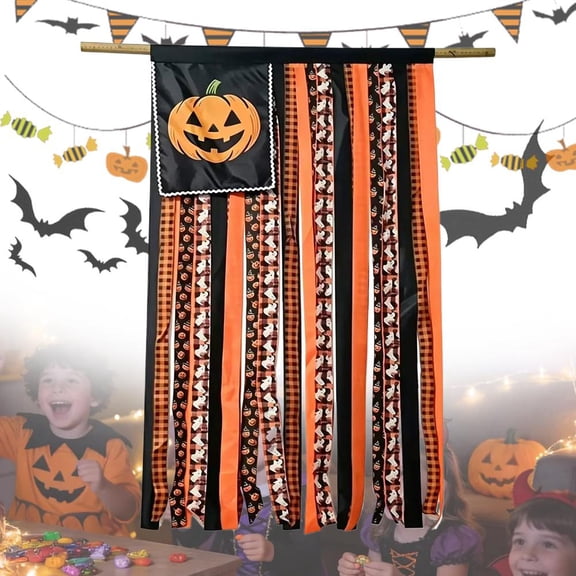 Halloween Pumpkin Rustic American Flag Hanging Banner with Light, Vintage Fabric Pumpkin Flag Wall Decor, Halloween Front Door Decoration for Farmhouse, Home, Porch and Yard