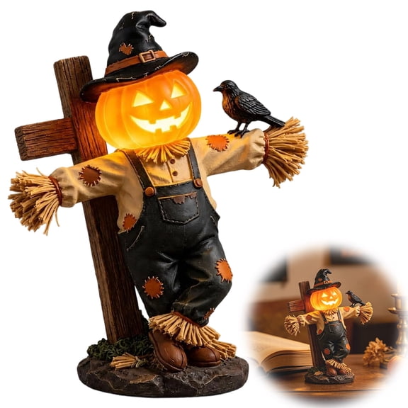 Halloween Pumpkin Scarecrow Glowing Lantern Figurine with Witch Hat & Crow, Rustic Fall Tabletop Accent Lamp, Cozy Autumn Lighting Decor for Home Shelf Mantel, Spooky Halloween Ornament for Farmhouse