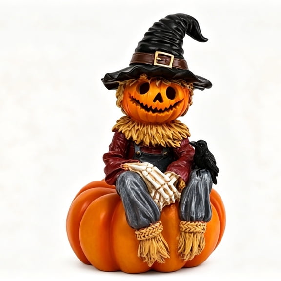 Halloween Pumpkin Scarecrow Sitting On Pumpkin Statue Resin Witch Hat Figurine Fall Tabletop Decor