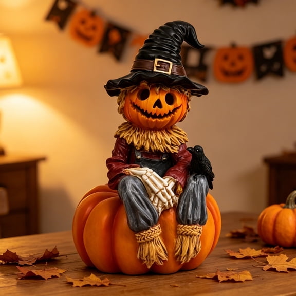 Halloween Pumpkin Scarecrow Sitting On Pumpkin Statue with Witch Hat, Farmhouse Tabletop Decorations for Shelf, Tiered Tray, Mantel, 2.4x4.7in