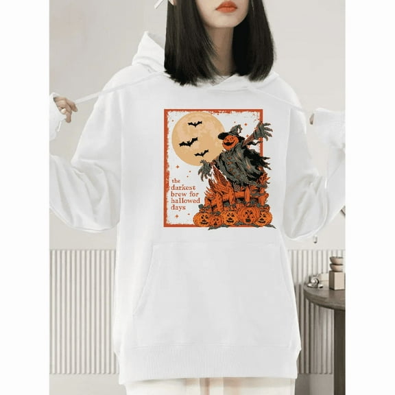 Halloween Pumpkin Scarecrow pattern T-shirt top, Hooded, long sleeve, Soft Breathable Regular Fit White S-2XL