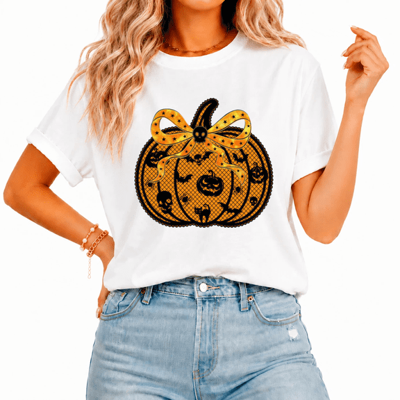 Halloween Pumpkin Scene Casual Tee Womens Spooky Short Sleeve Crewneck