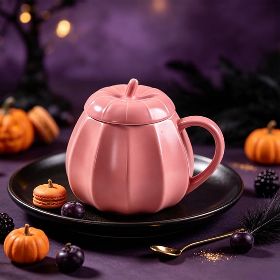 Halloween Pumpkin‑Shaped Ceramic Mug with Lid Vertical Groove Pumpkin Design Coffee Cup Novelty Drinking Vessel For Home Daily Use Fall Holiday Party Gift(Pink)