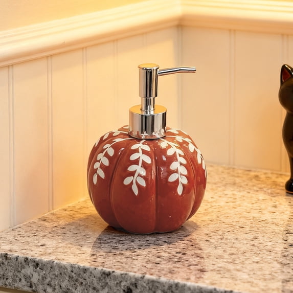 Halloween Pumpkin Shaped Ceramic Soap Dispenser Refillable Pump Bottle with Leaf Pattern for Bathroom Kitchen Counter and Fall Decor