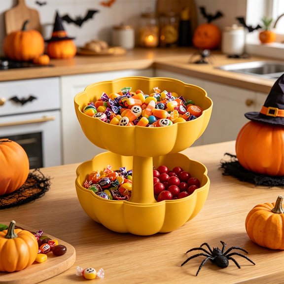 Halloween Pumpkin Shaped Snack Tray and Storage Box 8 x 8 x 6 Inches with Lid, Compartmentalized Candy Nut Container for Home Party and Fall Decor