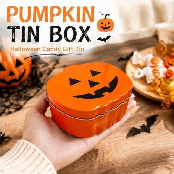 Halloween Pumpkin Shaped Tin Can, Metal Biscuit Cookie Gift Storage Box with Removable Lid, Holiday Snack Treating Holder Jar for Festive Desserts Gathering Desk Countertop Ornament