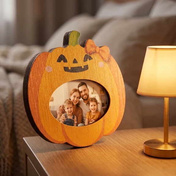 Halloween Pumpkin Shaped Wooden Picture Frame Cute Jack O Lantern Tabletop Photo Frame Fall Home Desk Decor
