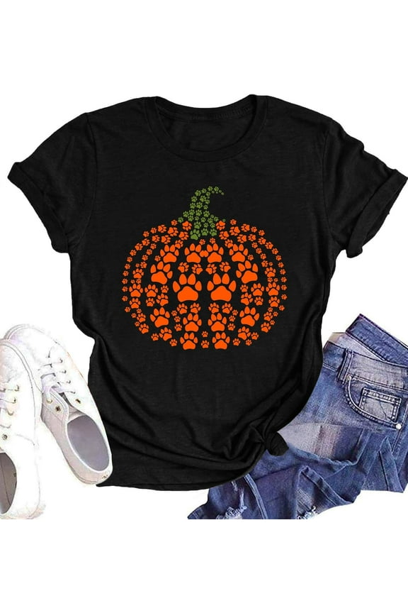 Halloween Pumpkin Shirt Women Leopard Graphic Tees Short Sleeve Fall T-Shirt Thanksgiving Gift Tops