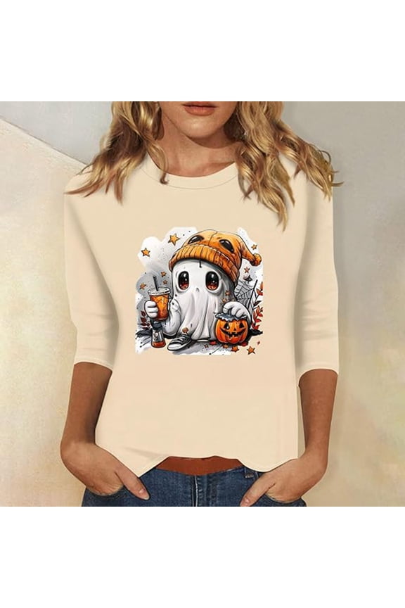 Halloween Pumpkin Shirts Women Fall T-Shirts 3/4 Sleeve Crew Neck Graphic Tees Fashion Pumpkins Print Pullover Tops (A3-Beige M)