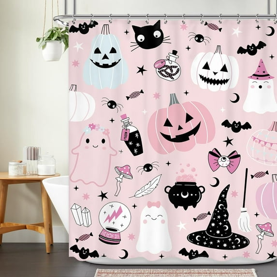 Halloween Pumpkin Shower Curtain 72Wx72L Inch Kids Pink Cute Cartoon Spooky Ghost Crystal Ball Shower Curtain Bathroom Set Lovely Funny Witch Candy Bath Curtain Bathtub Accessories Home Decor