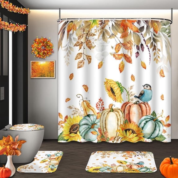 Halloween Pumpkin Shower Curtain Set with Toilet Lid Cover and Non-Slip Rugs, Ghost Cat Skull Cute Fall 4 Pcs Shower Curtains for Bathroom, Trick Treat Bathroom Decor Accessories Set