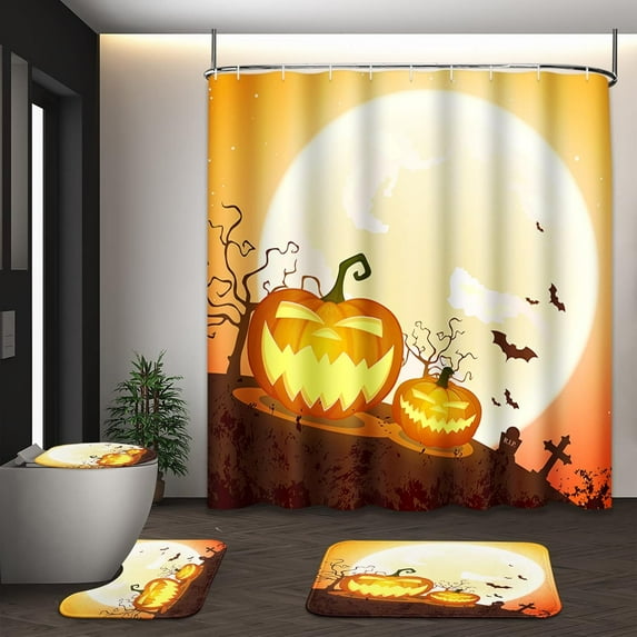 Halloween Pumpkin Shower Curtain Set with Toilet Lid Cover and Non-Slip Rugs, Ghost Cat Skull Cute Fall 4 Pcs Shower Curtains for Bathroom, Trick Treat Bathroom Decor Accessories Set