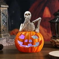 Halloween Pumpkin Skeleton Decor-Light Up Spooky Skull Pumpkin Ornaments,Halloween Indoor Decorations for Tabletop Desk,Home Party,Office