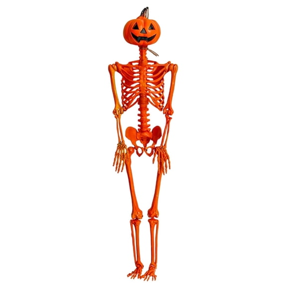 Halloween Pumpkin Skeleton Decoration, 5ft Poseable Orange Skeleton with Jack-O-Lantern Head for Indoor Outdoor Party Display