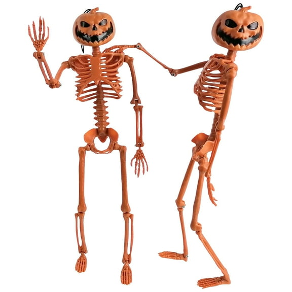 Halloween Pumpkin Skeleton Decorations, 2 Pack Poseable Skeleton Figures with Jack-O'-Lantern Heads for Indoor Outdoor Party, Haunted House, Yard, Home Decor, Orange Skeleton, 15.7 Inch, 2PCS
