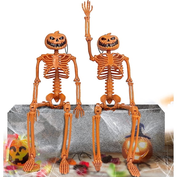Halloween Pumpkin Skeleton Decorations with Posable Joints Skeletons for Party Haunted House Props Decorations, 2 Packs