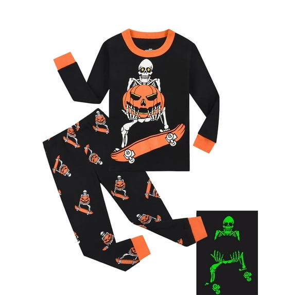 Halloween Pumpkin Skeleton Pajamas for 3-8T Boy Girl Glow-in-the-Dark 2 Pieces Sleepwear Tops and Pants Set