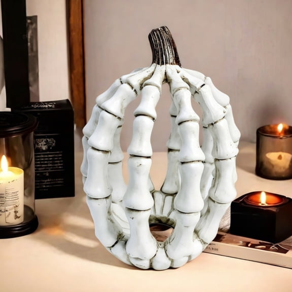 Halloween Pumpkin Skeleton Statue, Wacky Resin Hand Gesture Decor for Table Shelf Fireplace, Unique Indoor Halloween Decoration, Novelty Skeleton Pumpkin Ornament Gift for Party Home