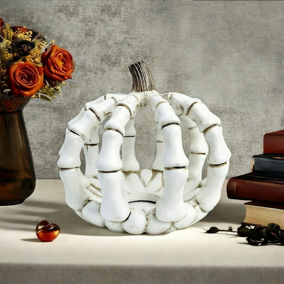 Halloween Pumpkin Skeleton Statue, Wacky Resin Hand Gesture Decor for Table Shelf Fireplace, Unique Indoor Halloween Decoration, Novelty Skeleton Pumpkin Ornament Gift for Party Home