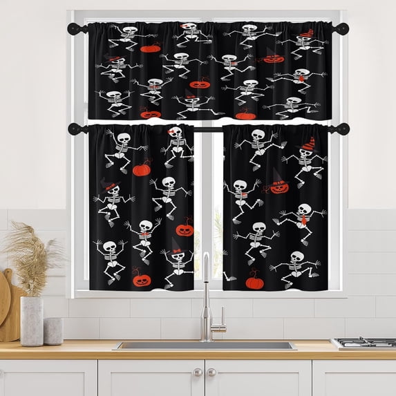 Halloween Pumpkin Skull Kitchen Curtains Funny Spooky Horror Scary Skeletons Window Curtains Valance and Tier Set 36 Inch Rod Pocket Short Tier Curtain for Room, Cafe Kitchen Decor