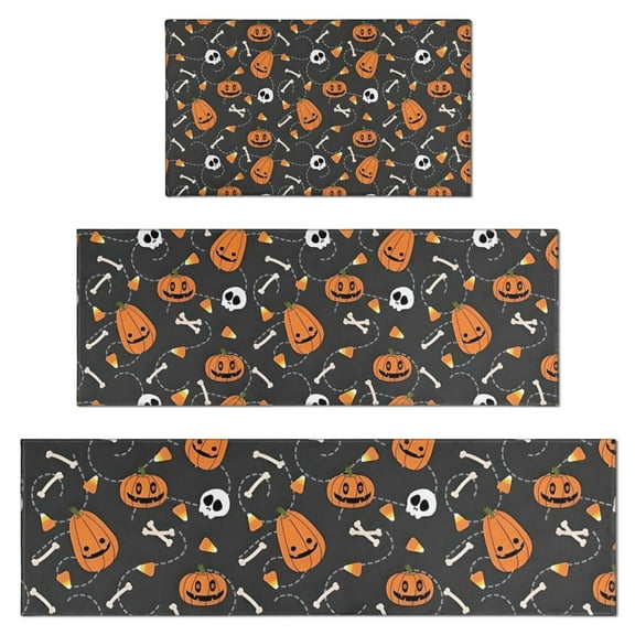Halloween Pumpkin Skull Pattern Kitchen Rugs Sets Of 3,Kitchen Runner Rugs Non Skid Washable,Decorative Kitchen Floor Mats for Kitchen,Sink,Laundry,17"x30"+ 17"x47" + 17"x59"
