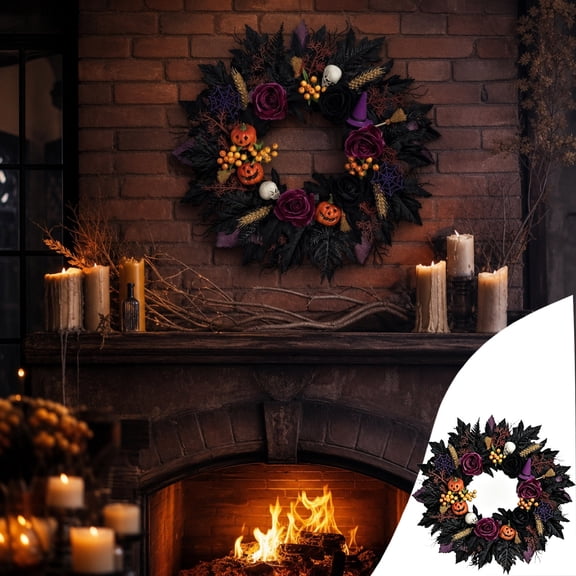 Halloween Pumpkin Skull Wreath Decor, Gothic Front Door Wreath For Wall Window Porch Party Display, Artificial Rattan Ornament With Spooky Holiday Atmosphere
